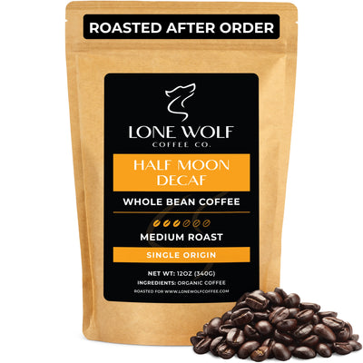 Lone Wolf Coffee Co. Half Moon Decaf 1-pack whole bean coffee, medium roast, single origin, Swiss Water decaf.