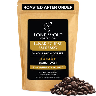1-Pack: Lone Wolf Coffee Co. Lunar Eclipse Espresso, whole bean dark roast coffee, single 12oz bag, roasted fresh after order