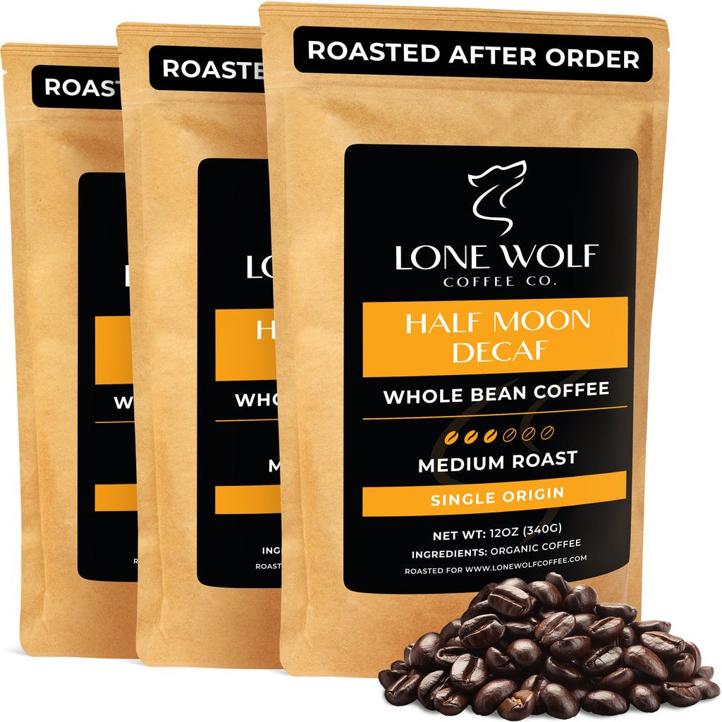 Lone Wolf Coffee Co. Half Moon Decaf 3-pack whole bean coffee bags, medium roast, single origin, Swiss Water decaf.