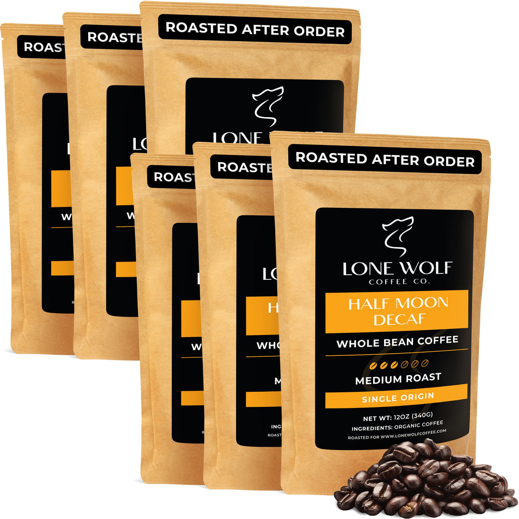 Lone Wolf Coffee Co. Half Moon Decaf 6-pack whole bean coffee, medium roast, Swiss Water decaf, organic, low acid, single origin.