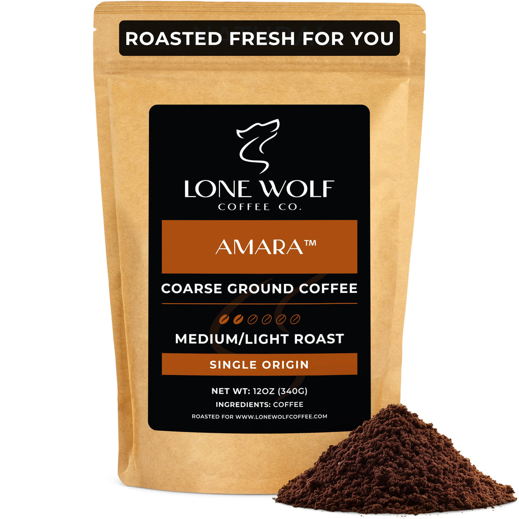 One 12oz bag of Lone Wolf Coffee’s Amara Medium-Light Roast Coarse Ground coffee bag product photo
