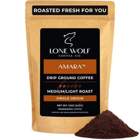 One 12oz bag of Lone Wolf Coffee’s Amara Medium-Light Roast Drip Ground coffee bag product photo