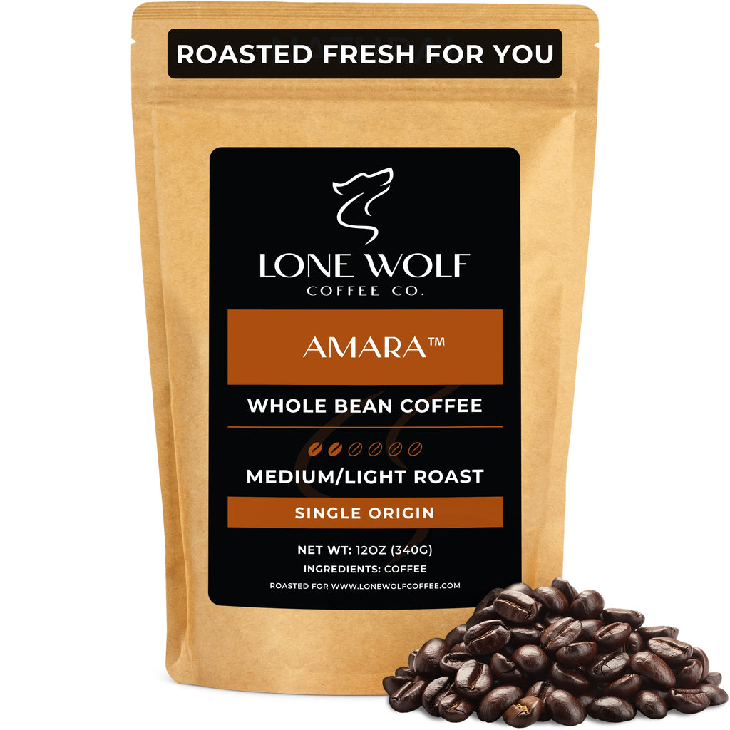 One 12oz bag of Lone Wolf Coffee’s Amara Medium-Light Roast Whole Bean coffee bag product photo