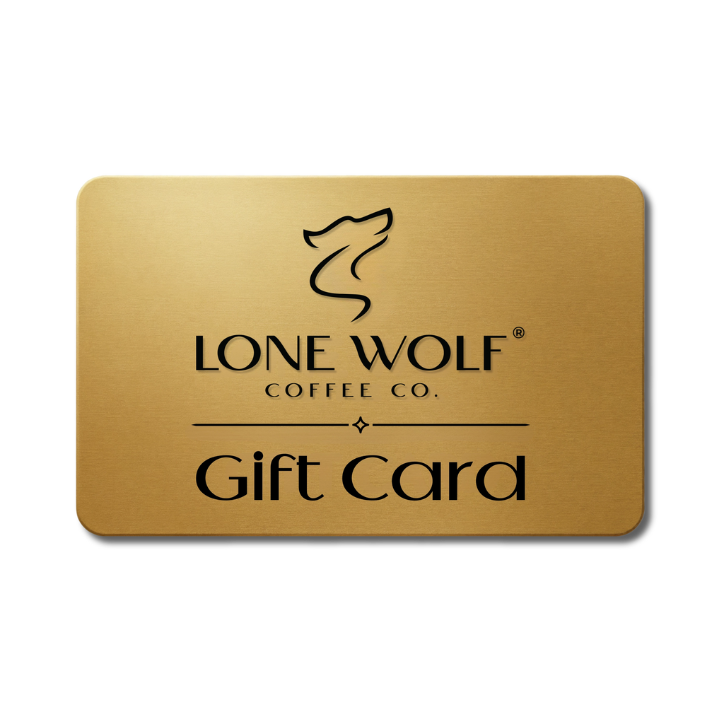 Lone Wolf Coffee Co. gold digital gift card with premium brushed metal design.