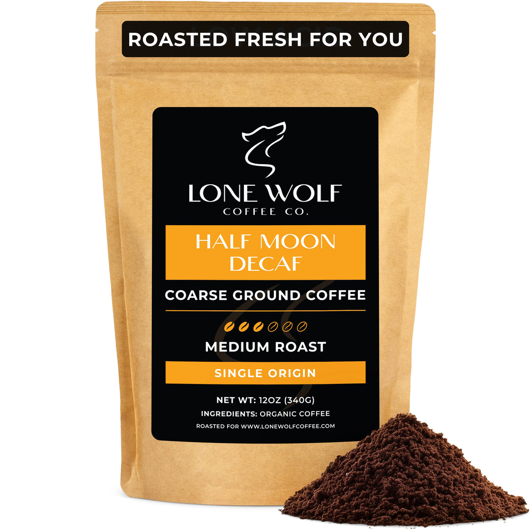 One 12oz bag of Lone Wolf Coffee’s Half Moon Decaf Medium Roast Coarse Ground coffee bag product photo