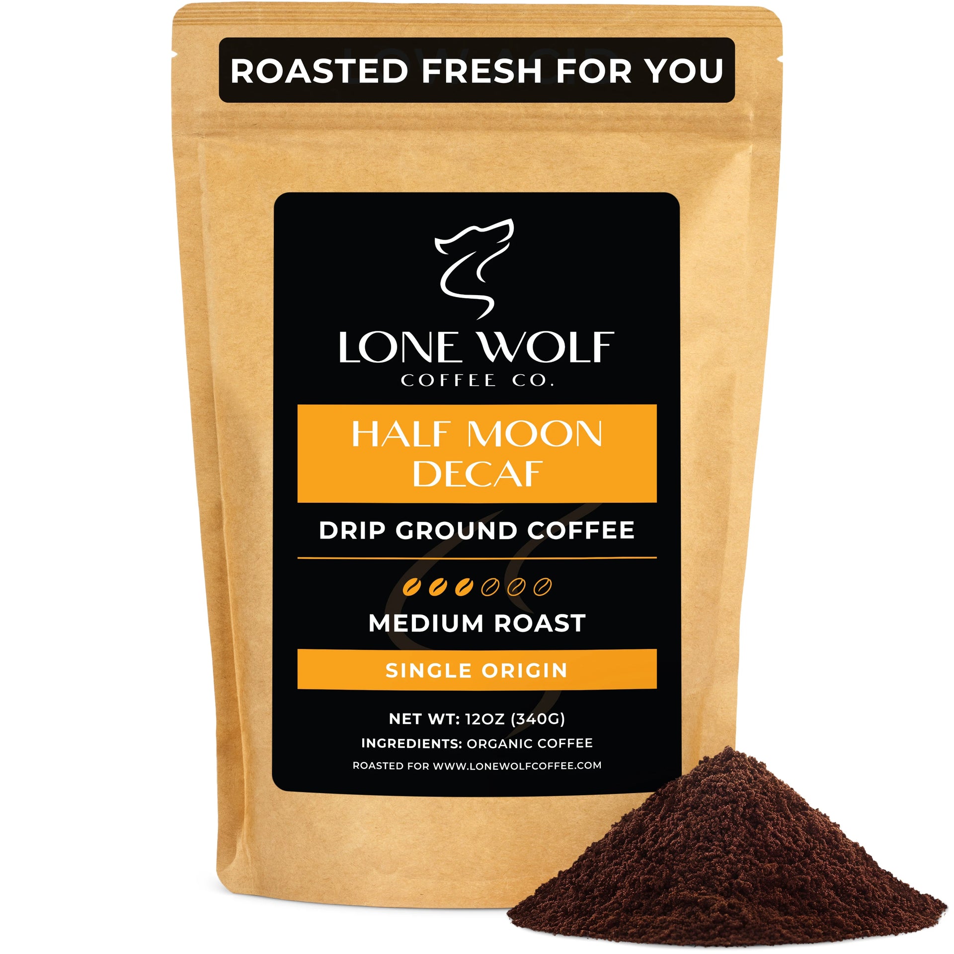 One 12oz bag of Lone Wolf Coffee’s Half Moon Decaf Medium Roast Drip Ground coffee bag product photo