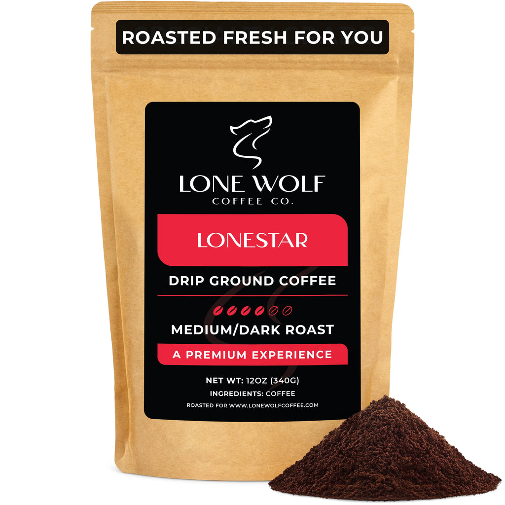 One 12oz bag of Lone Wolf Coffee’s Lonestar Medium-Dark Roast Drip Ground coffee bag product photo
