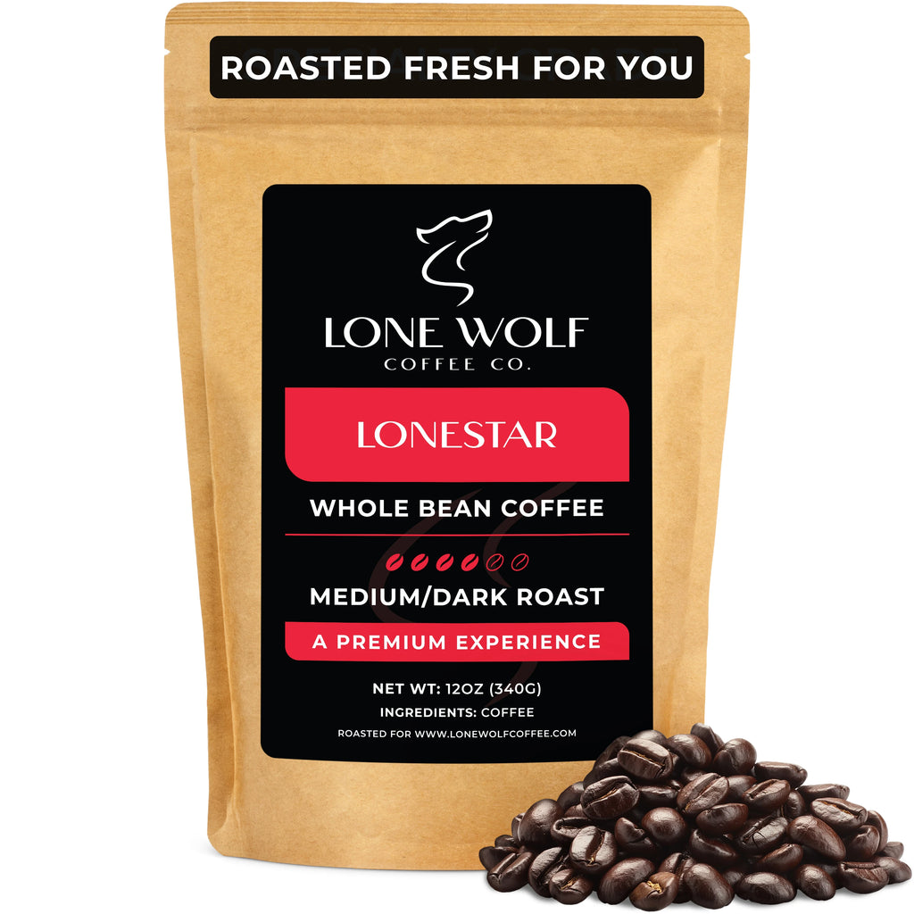 One 12oz bag of Lone Wolf Coffee’s Lonestar Medium-Dark Roast Whole Bean coffee bag product photo