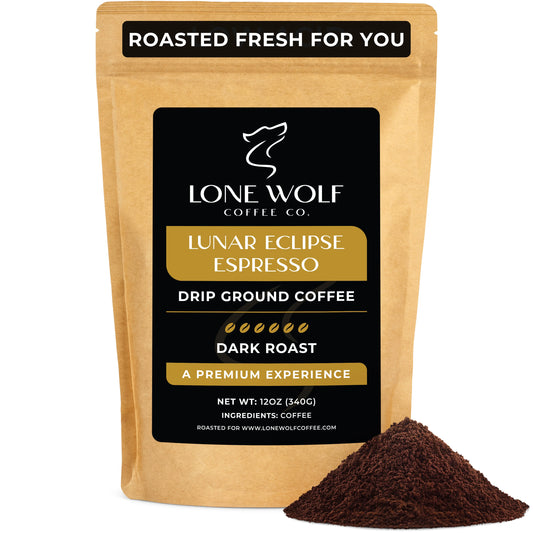 One 12oz bag of Lone Wolf Coffee’s Lunar Eclipse Espresso Dark Roast Drip Ground coffee bag product photo