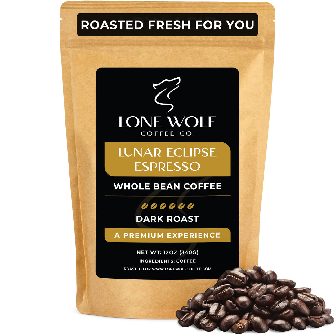 One 12oz bag of Lone Wolf Coffee’s Lunar Eclipse Espresso Dark Roast Whole Bean coffee bag product photo