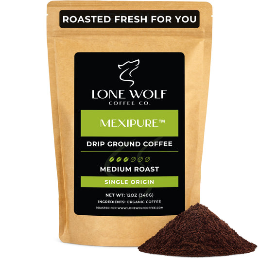 One 12oz bag of Lone Wolf Coffee’s Mexipure Medium Roast Drip Ground coffee bag product photo