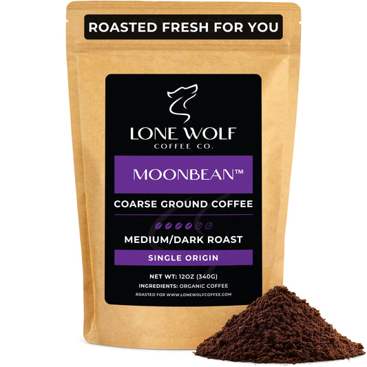 One 12oz bag of Lone Wolf Coffee’s Moonbean Medium-Dark Roast Coarse Ground coffee bag product photo