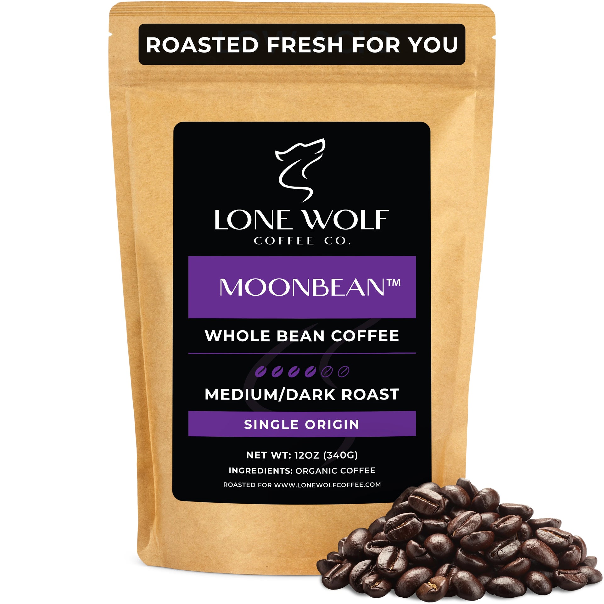 One 12oz bag of Lone Wolf Coffee’s Moonbean Medium-Dark Roast Whole Bean coffee bag product photo